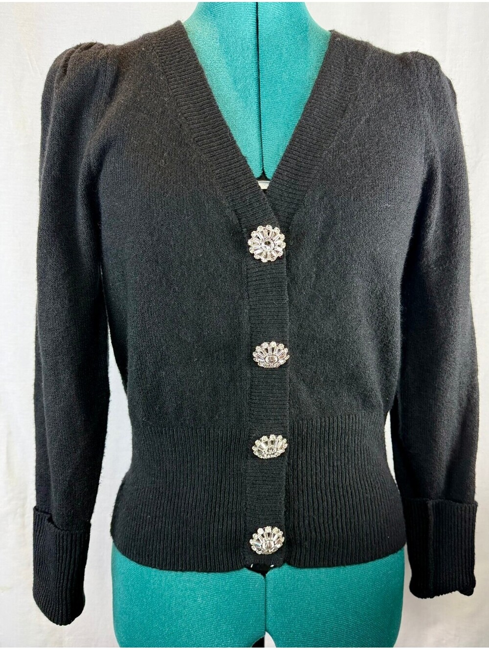 EXPRESS XS Black Jeweled Rhinestone Button Puff Sleeve Cardigan